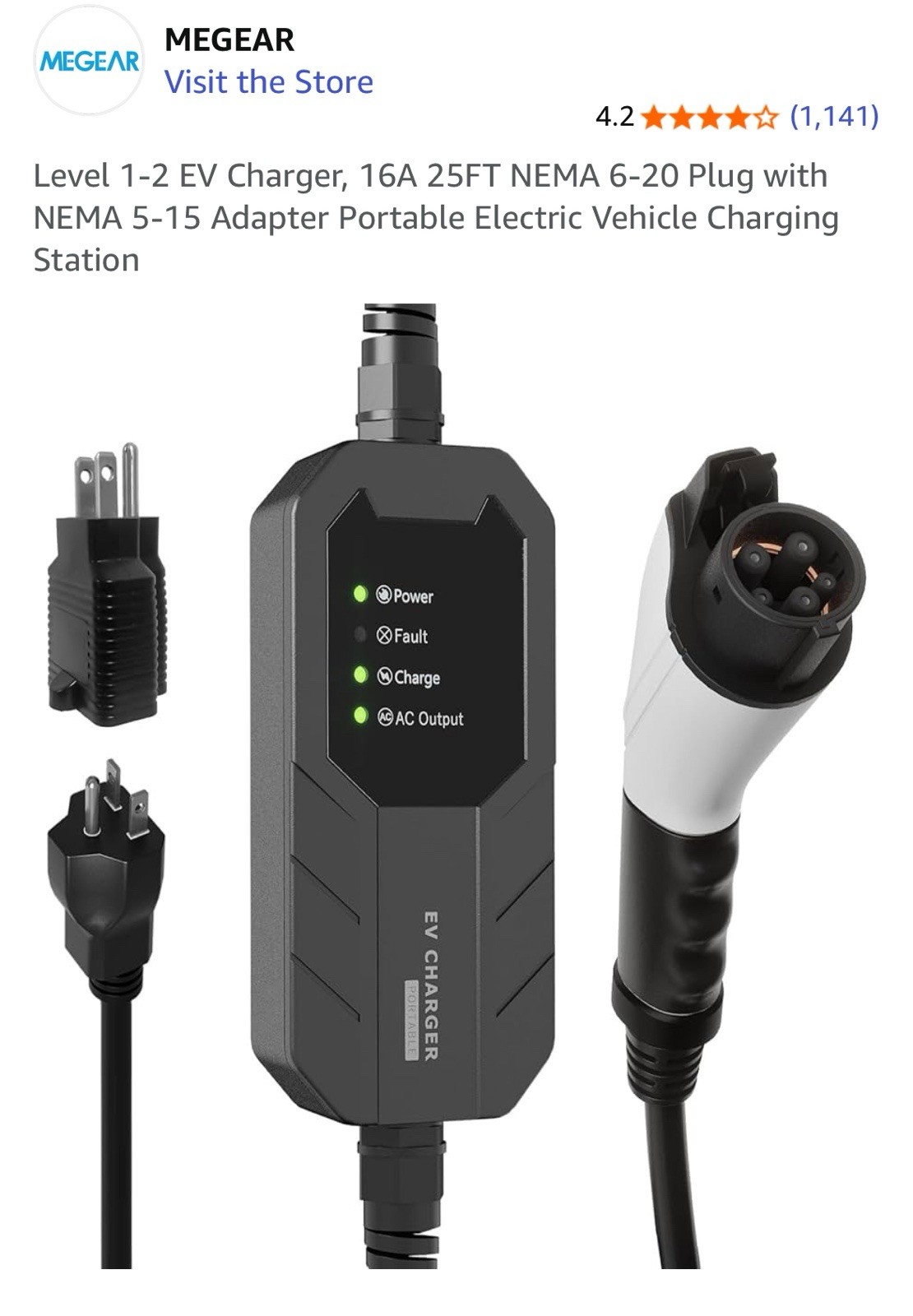 MEGEAR Skysword II Level 1-2 EV Charger NEMA 6-20 Plug with NEMA 5-15 Adapter MEGEAR Skysword II Level 1-2 EV Charger NEMA 6-20 Plug with NEMA 5-15 Adapter