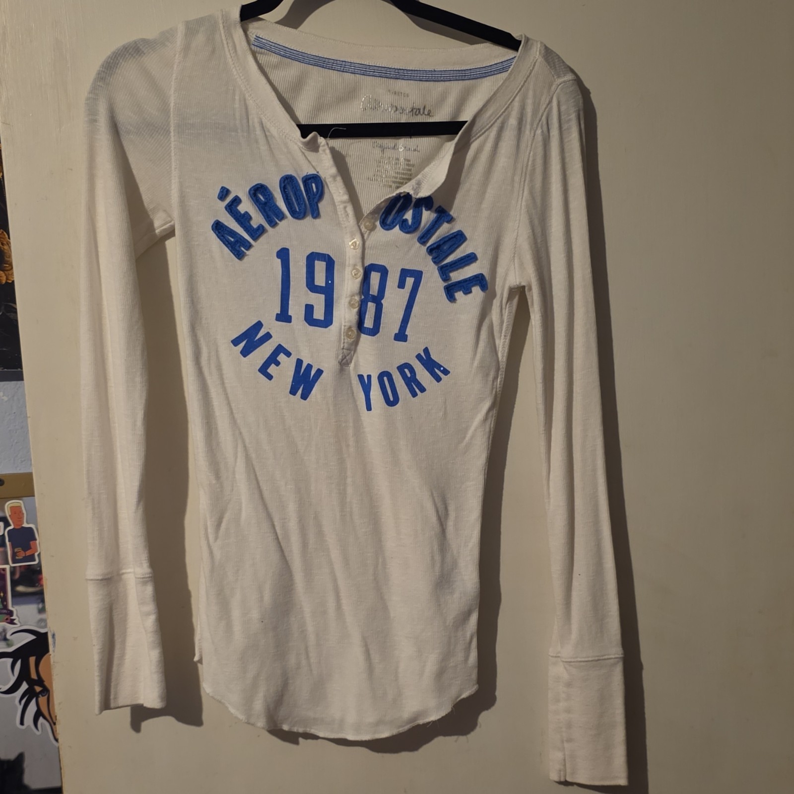 Vintage Aeropostale Y2K  1987 New York Logo Henley Long Sleeve Stretch Top shirt