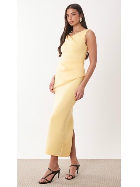 NWT ASOS Scuba Drape Asymmetrical Sleeveless Sheath Midi Dress Stretch Yellow 14