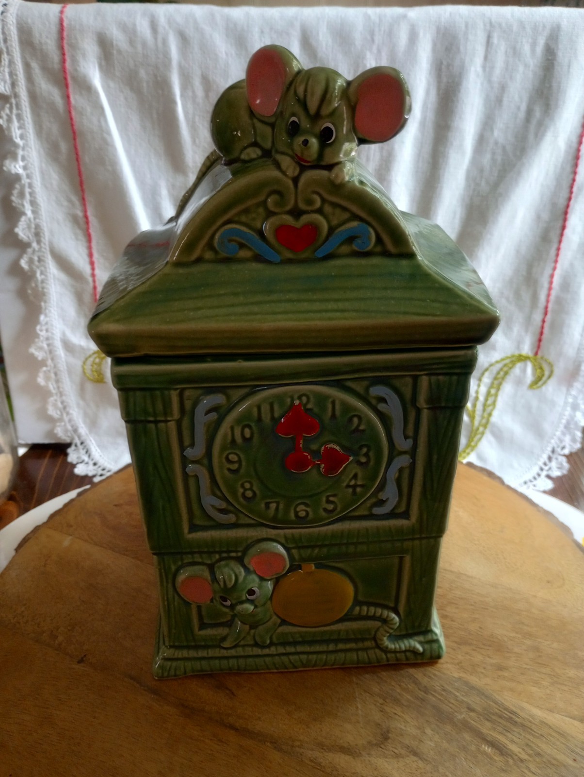 Vintage MCM Green Glazes Ceramic Hickory Dickory Cookie Jar Made In Japan Vintage MCM Green Glazes Ceramic Hickory Dickory Cookie Jar Made In Japan