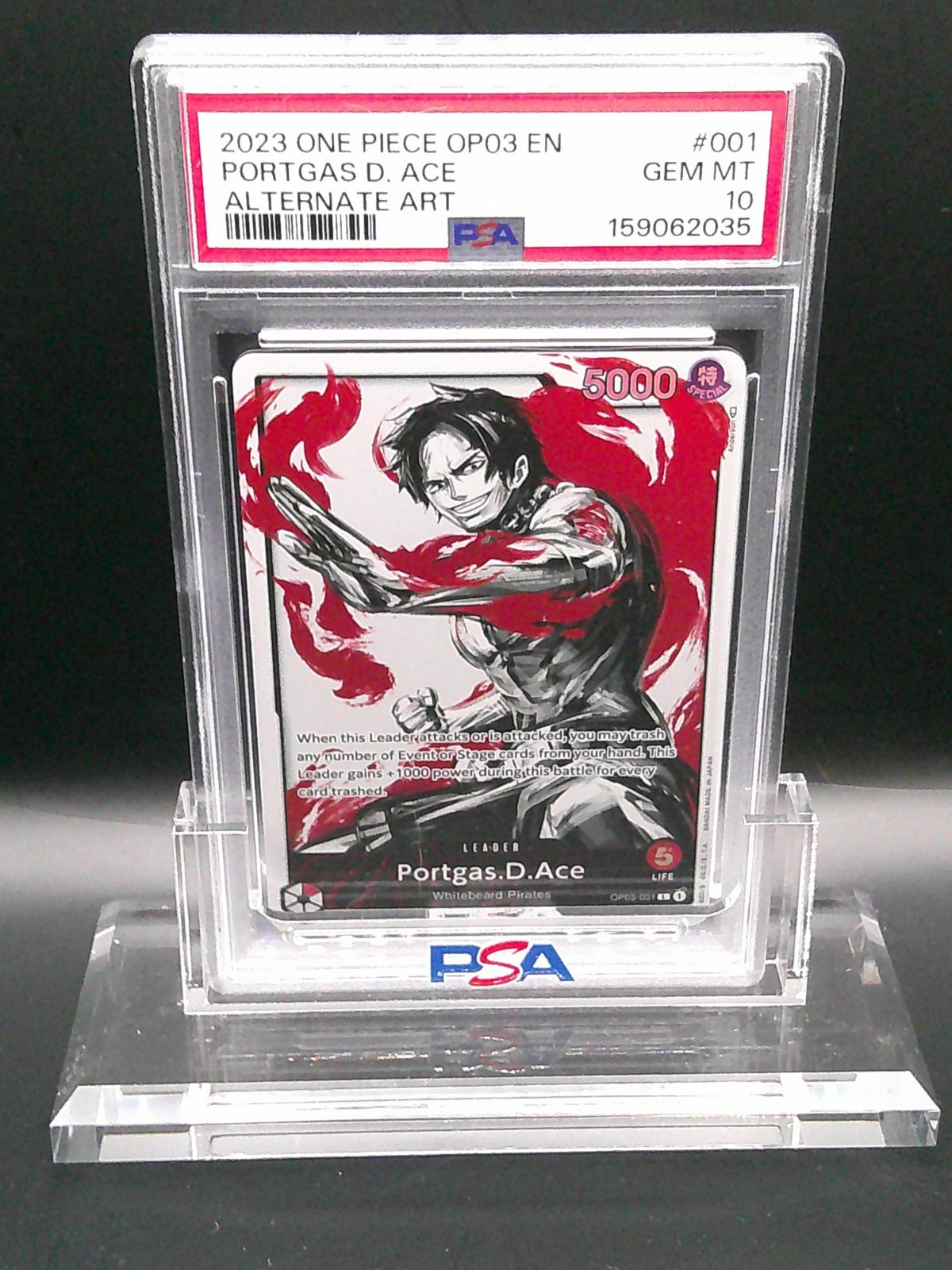 2023 One Piece OP03-001 Portgas D. Ace Alt Art Leader English PSA 10
