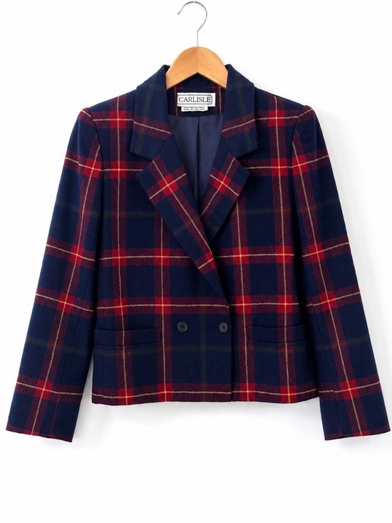 Carlisle Wool Blazer Womens 2 Plaid Classic Two Button Pockets Navy Blue Red Carlisle Wool Blazer Womens 2 Plaid Classic Two Button Pockets Navy Blue Red