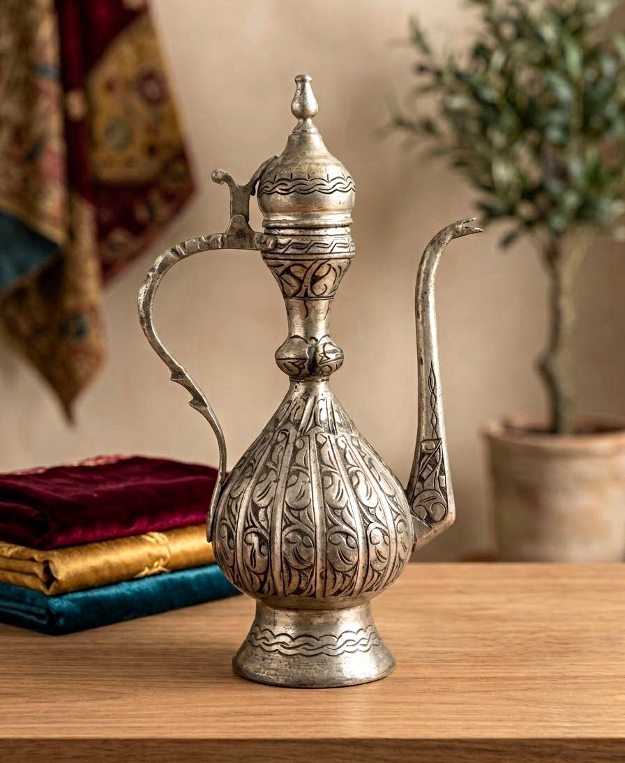Antique Ottoman Style Engraved Brass Teapot/Ibriq – Handcrafted Metal Water