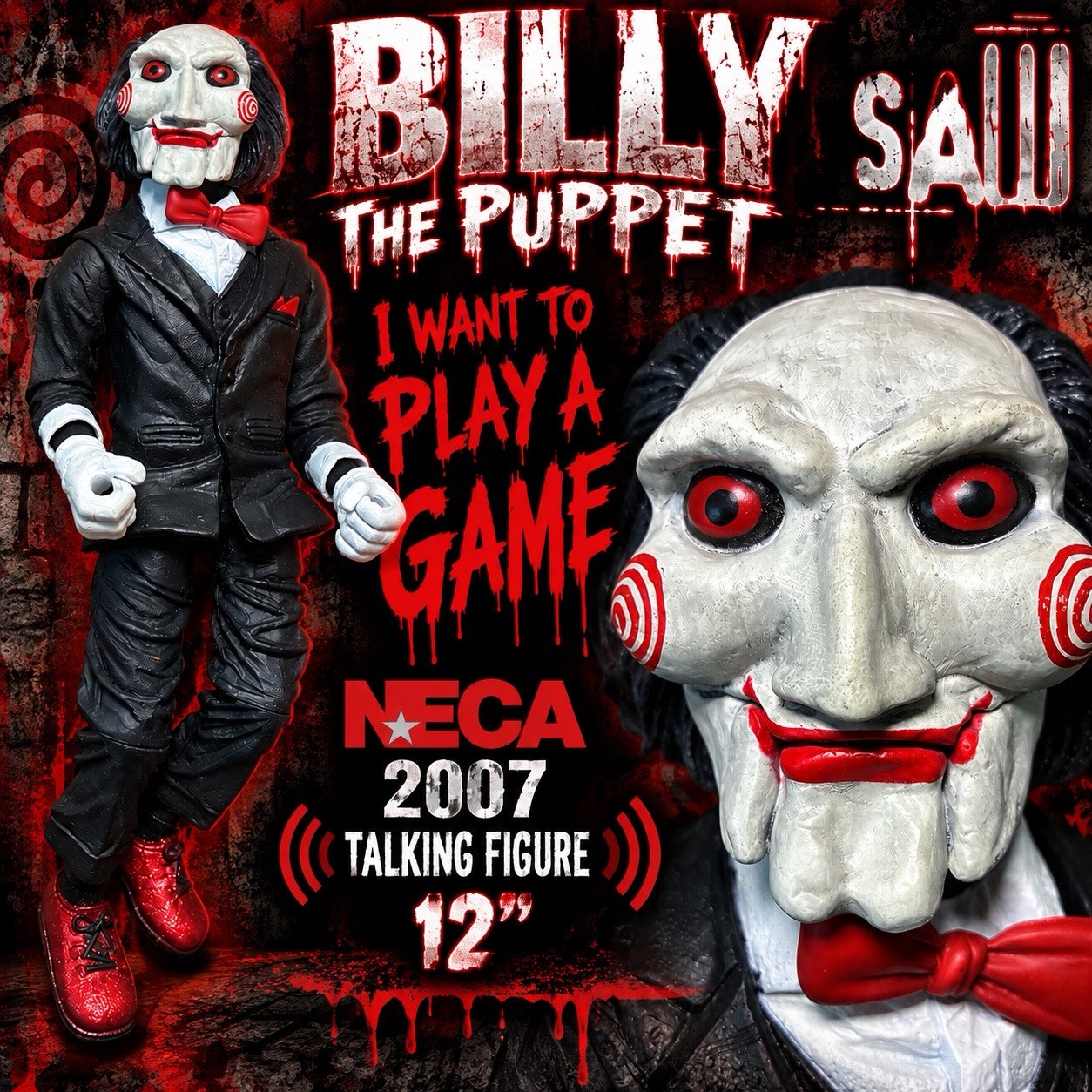 NECA 2007 SAW Billy Puppet 12” Talking Figure. Jigsaw Horror. No Tricycle. WORKS