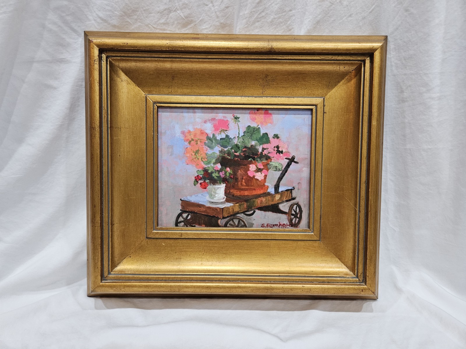 Susan Eisenhauer Original Oil Painting Flowers Garden Cart Signed Framed  