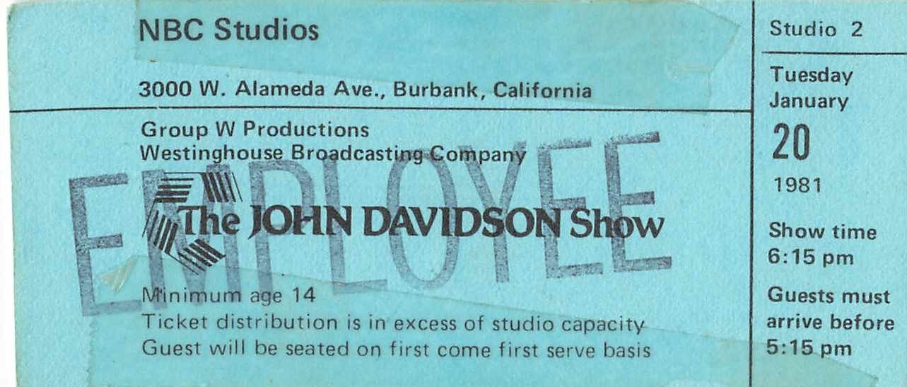 1981 John Davidson Show NBC Studios Audience Ticket Burbank Group W TV