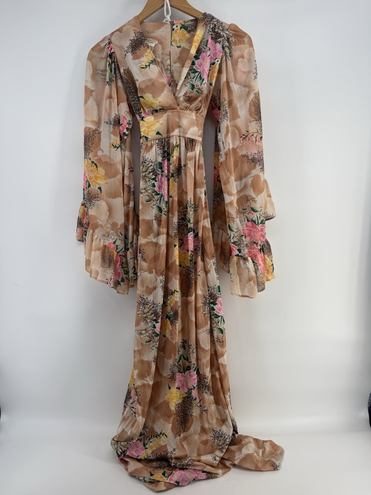 VTG 70s Angel Sleeve Boho Fairy Cottagecore Hippie Floral Print Maxi Dress XS