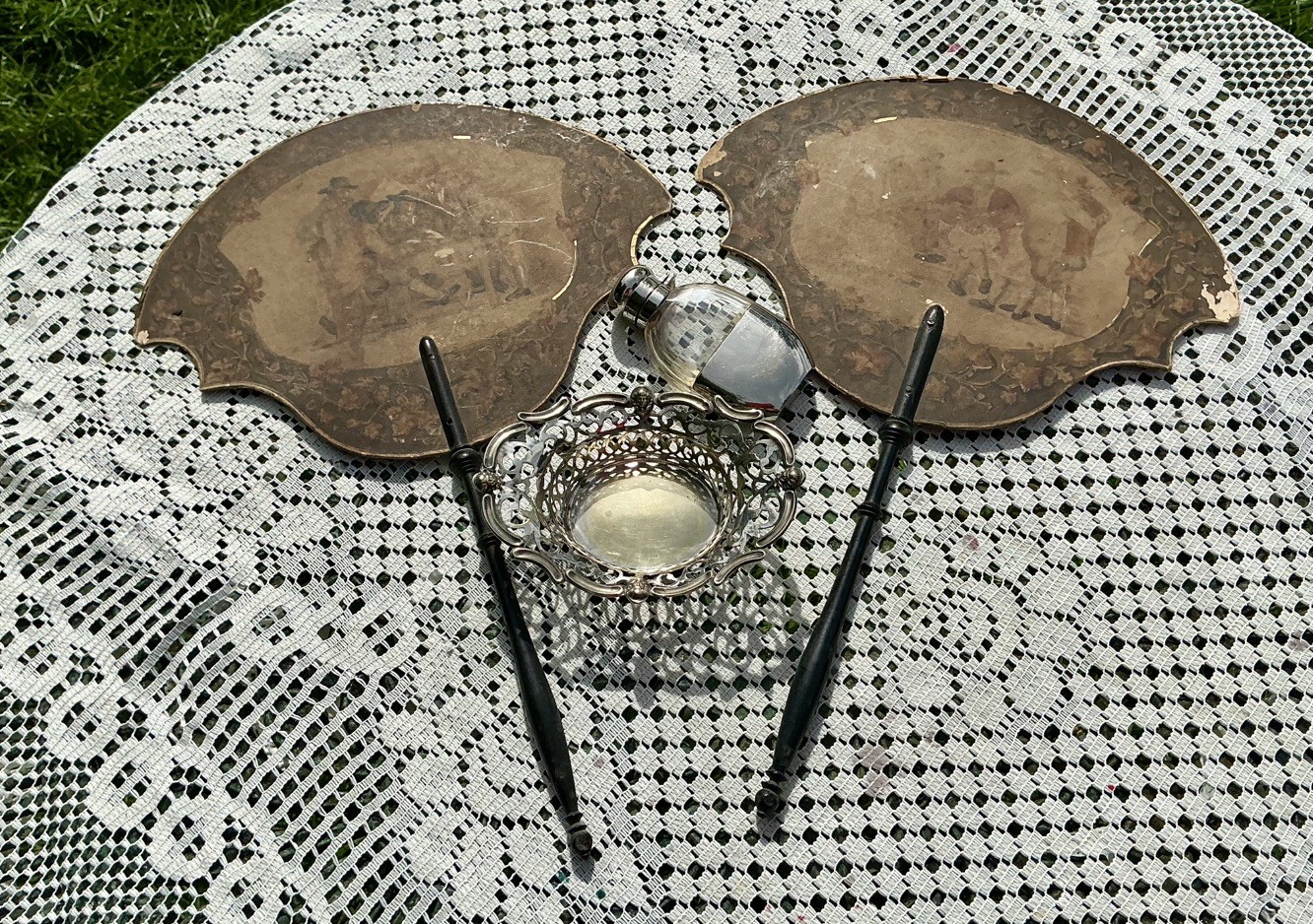Pr antique hand fans. Silver plate dish. Hip flask. etc 