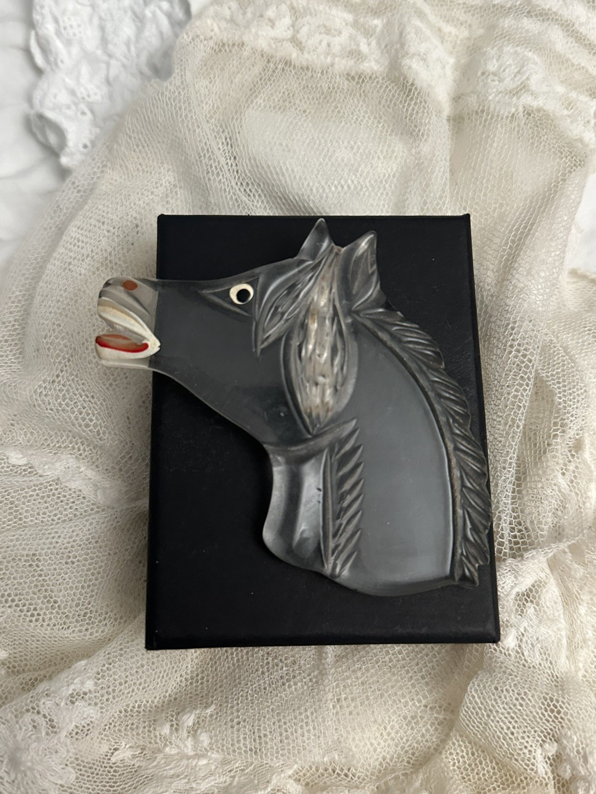 Vtg 1940s Carved Lucite Horse Head Brooch Pin Large 3” Figural Reverse Painted