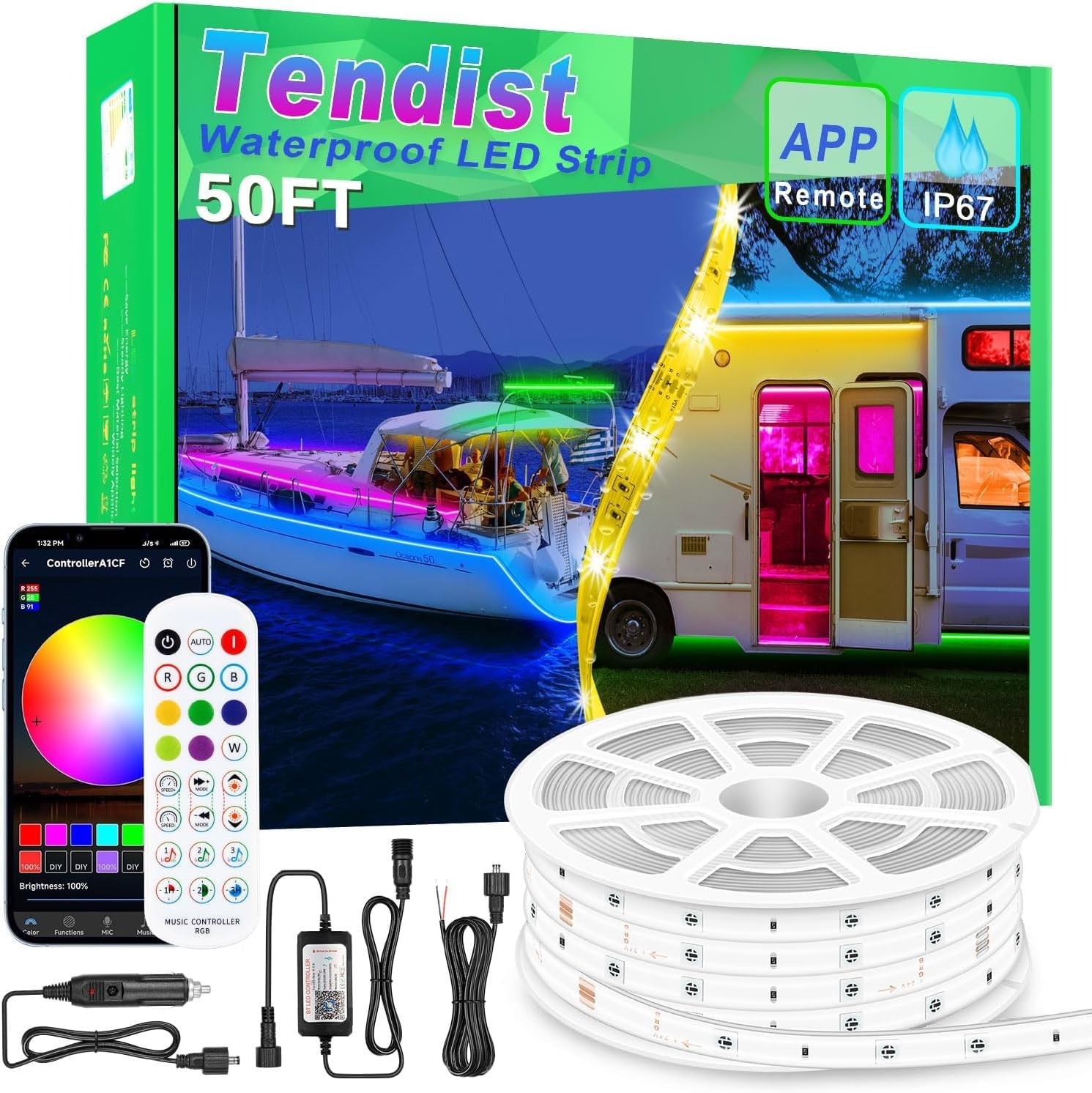 50FT Boat Lights LED Waterproof, 12V Marine 50FT/15M, RGB (Red, Green, Blue)