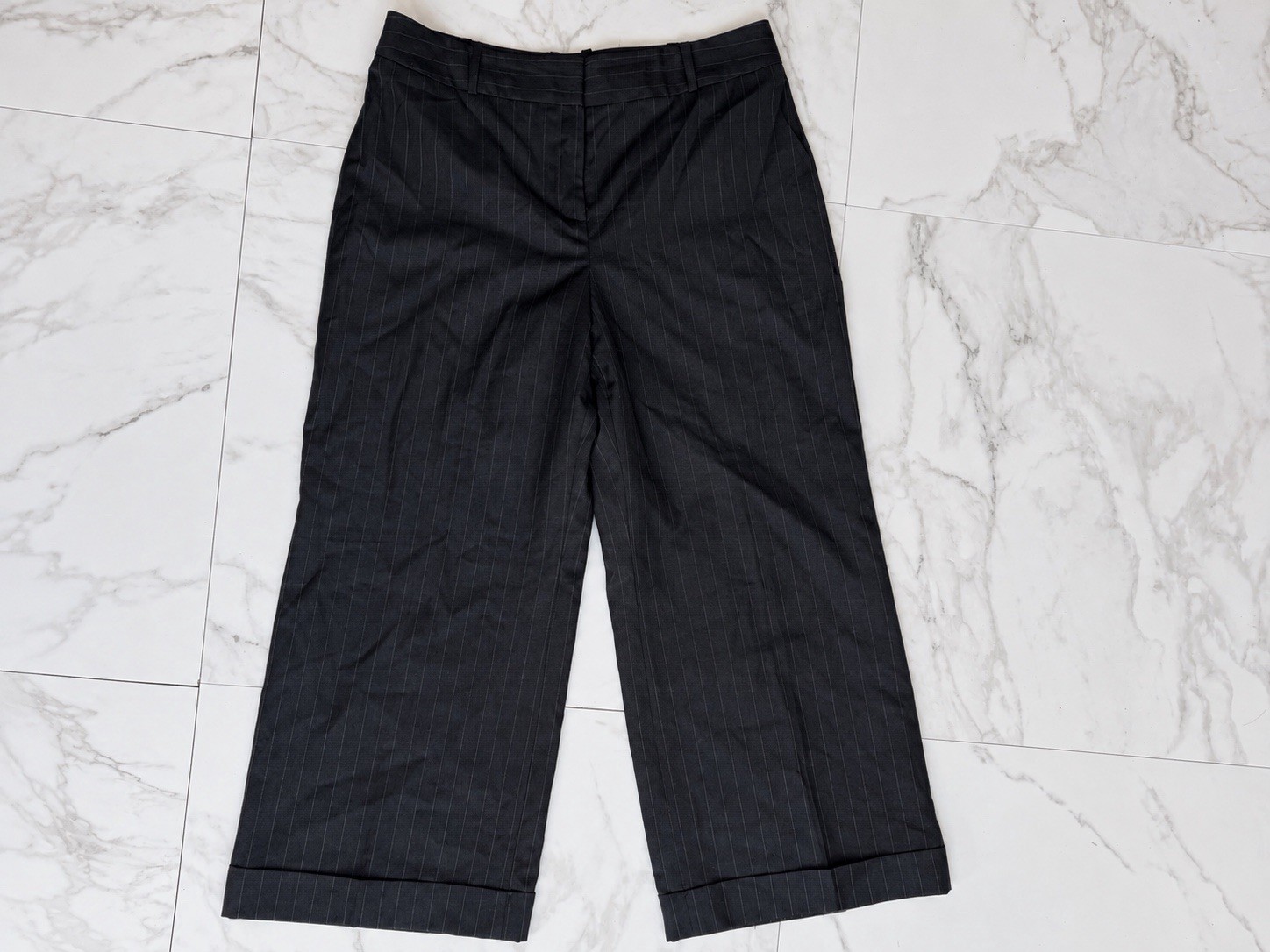 Ann Taylor LOFT Ann Fit Wool Pinstripe Wide Leg Cuffed Trousers Size 14