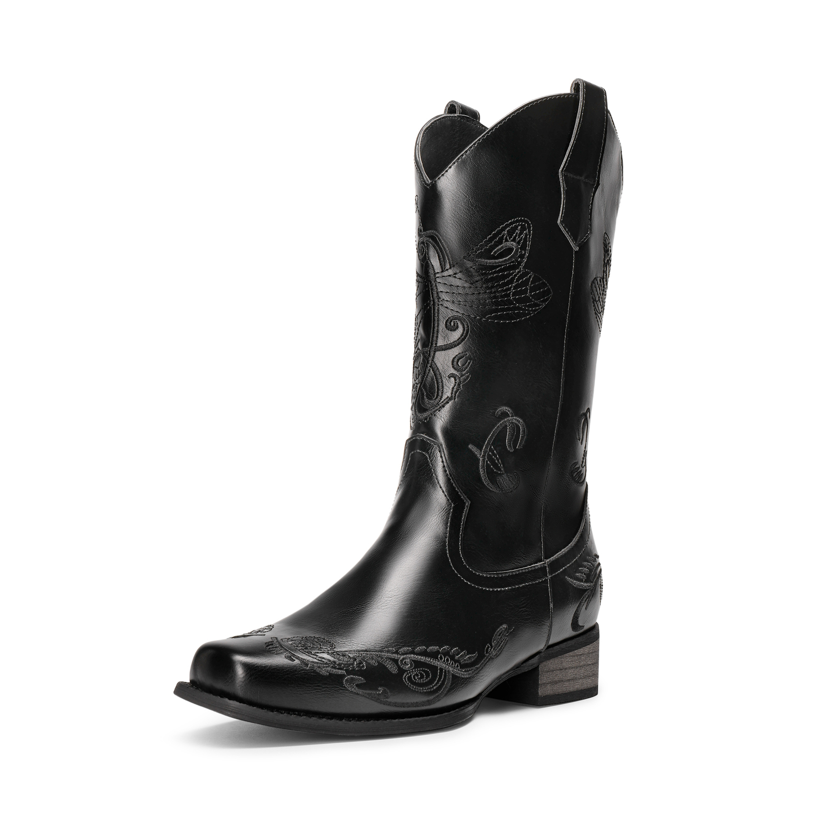 DREAM PAIRS Women\'s Square Toe Western Cowgirl Boots Embroidered Mid Calf Boots