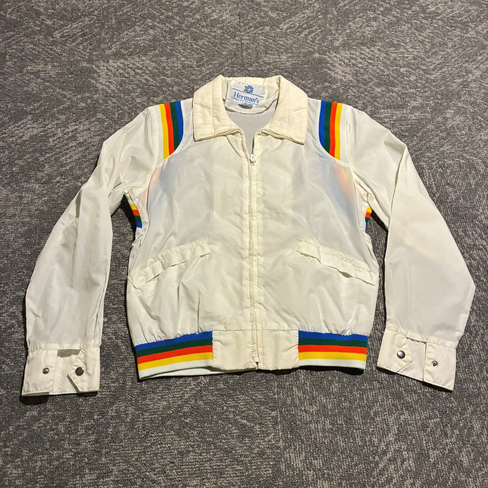 Vintage Herman\'s World Sporting Goods Windbreaker White Rainbow Sm