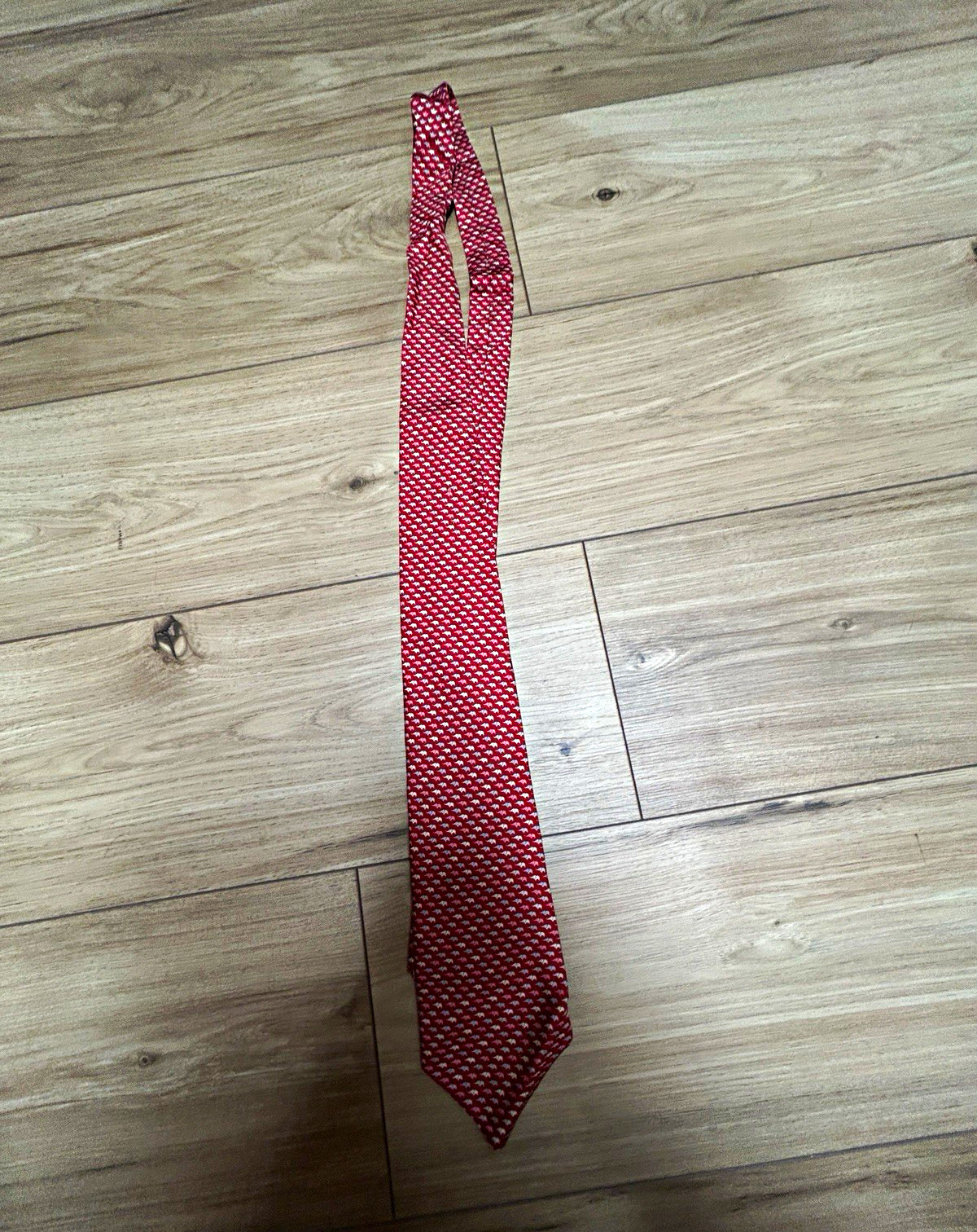 Salvatore Ferragamo Men\'s Silk Tie Red White Gray Pink Elephant Woven Logo Salvatore Ferragamo Men\'s Silk Tie Red White Gray Pink Elephant Woven Logo