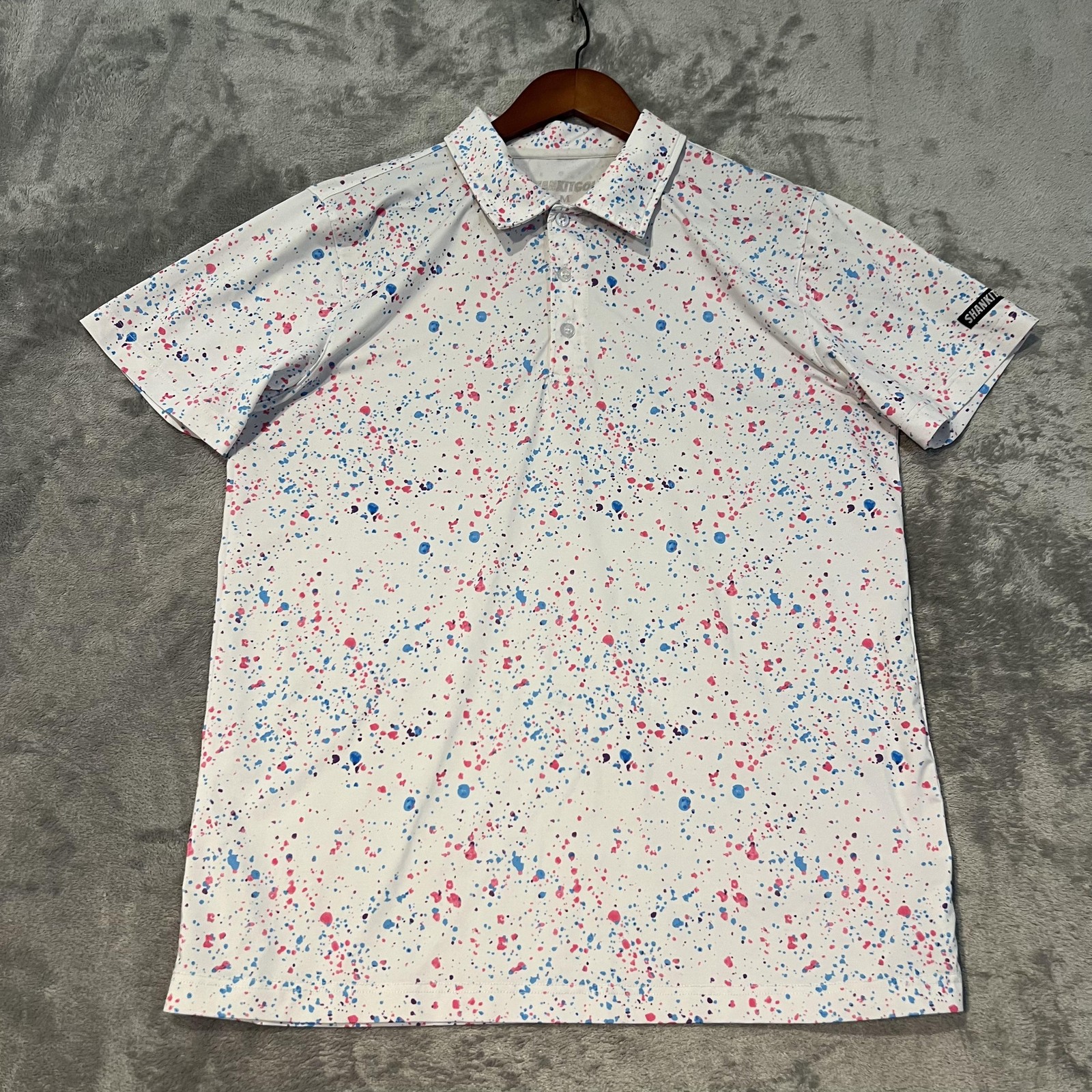 SHANKITGOLF Polo Shirt Mens Medium White Paint Splatter Golf Performance Stretch
