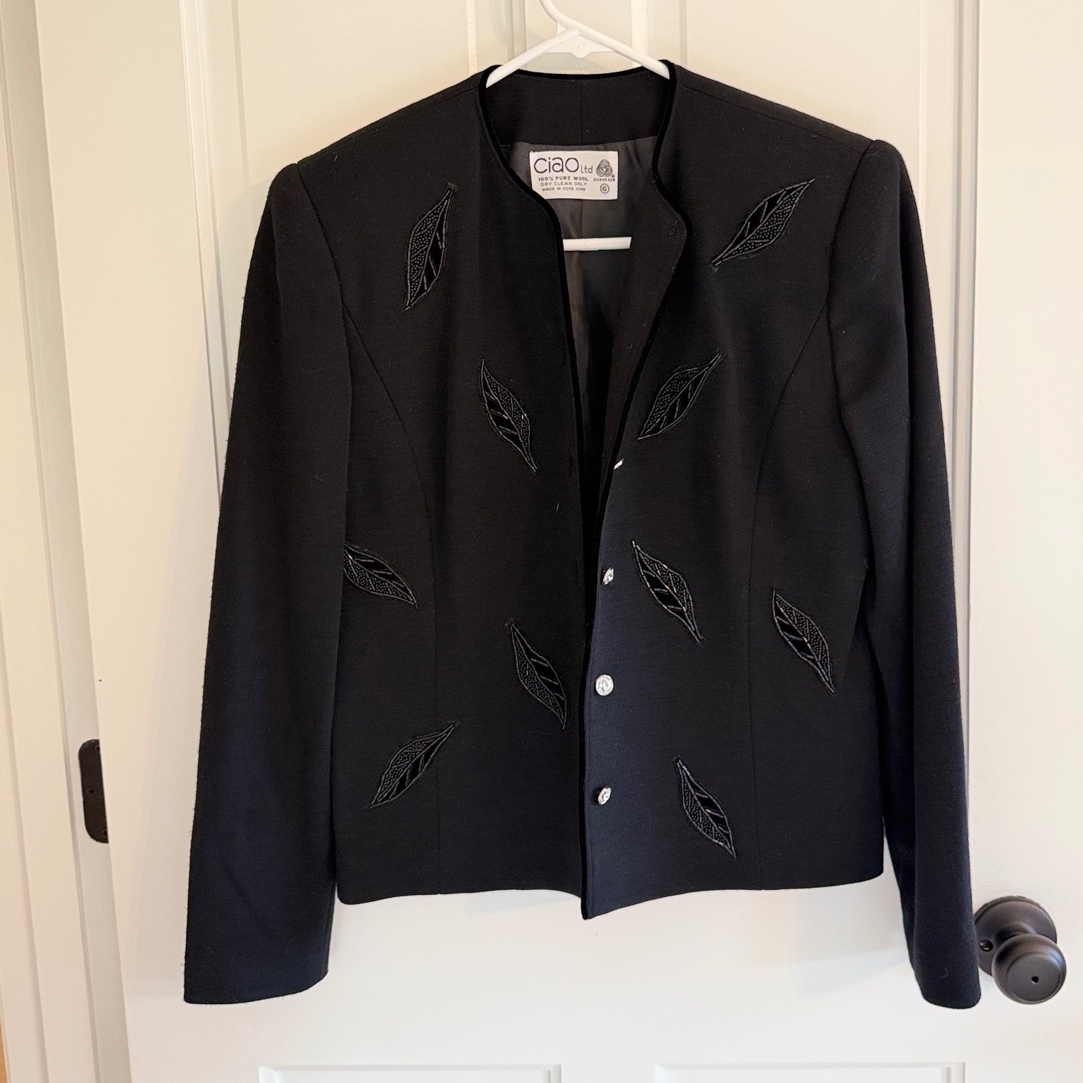 Vintage Ciao Ltd Hong Kong Black Wool Beaded Leaf Blazer Jacket Size 6 80s