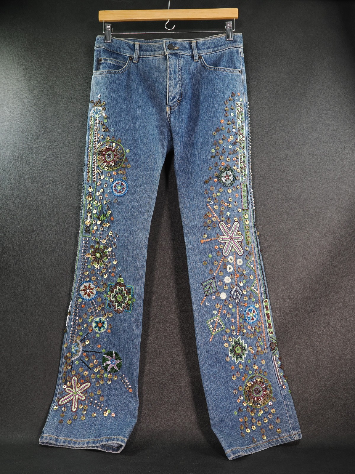 Vintage Sonia Bogner Embellished Sequined Beaded Women\'s Blue Jeans, Size 8