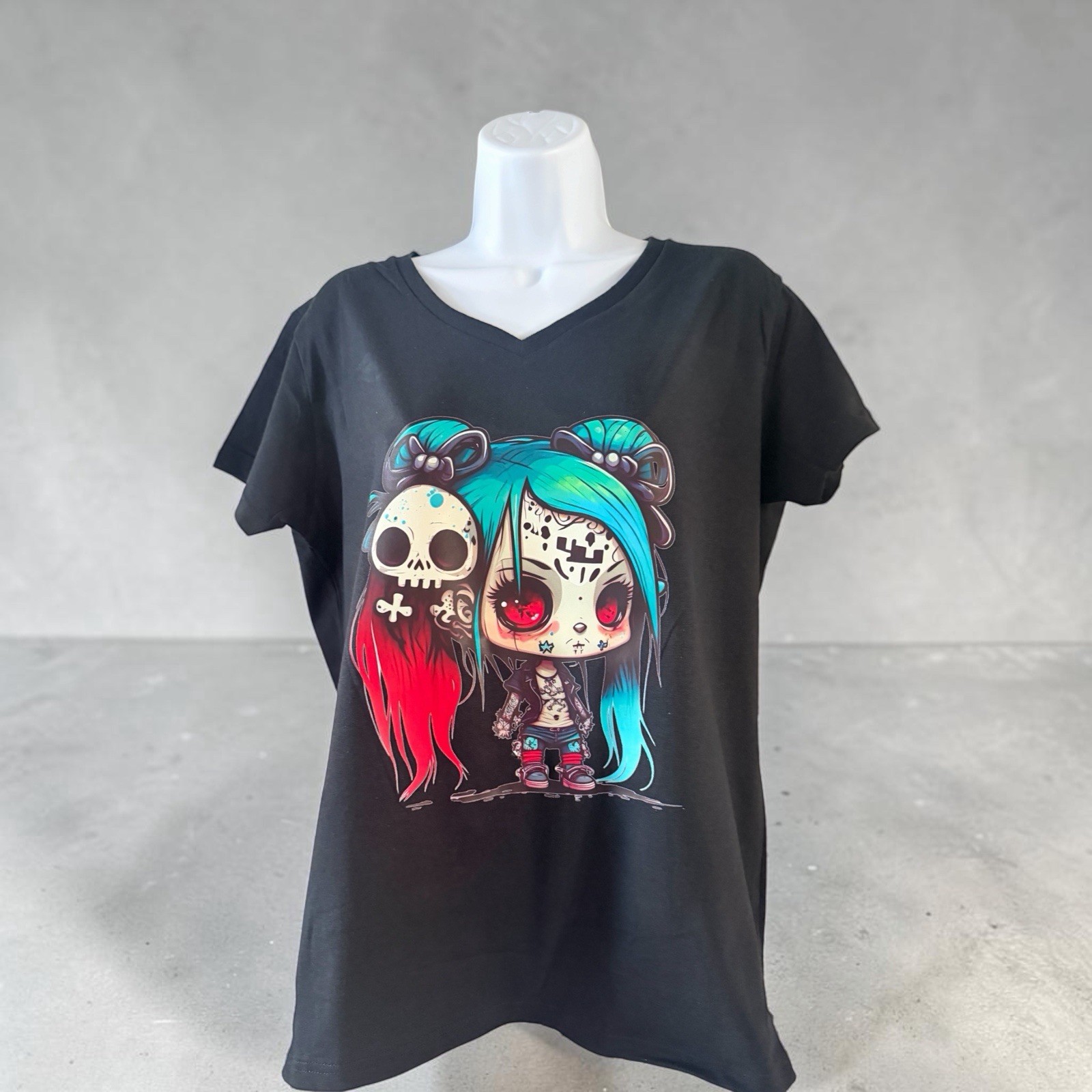Women\'s Black V-Neck Short Sleeve Graphic Print Skull Gothic T-Shirt Women\'s Black V-Neck Short Sleeve Graphic Print Skull Gothic T-Shirt
