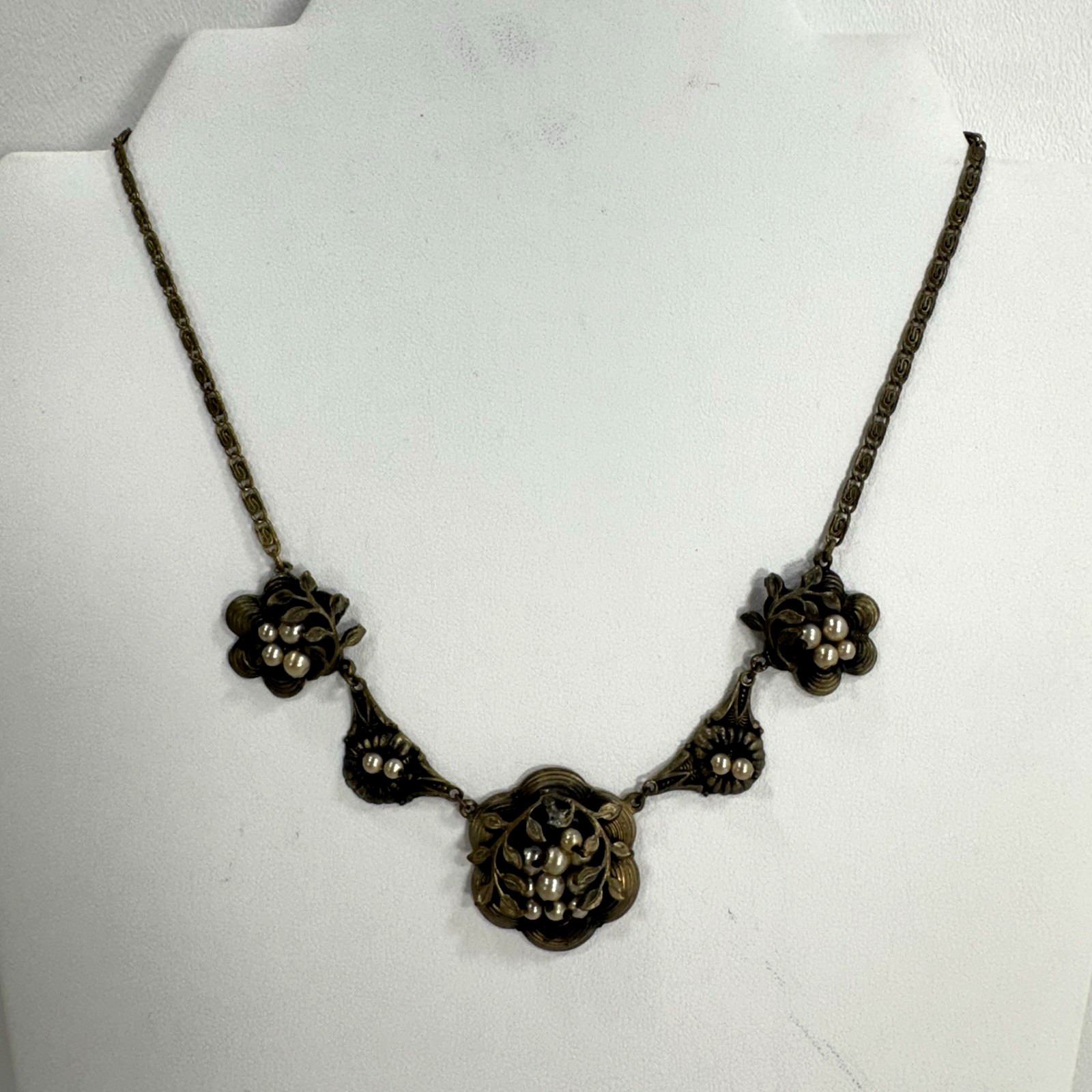 Antique 1900’s Gorgeous Art Deco Gilt Brass Mother of Pearl Necklace