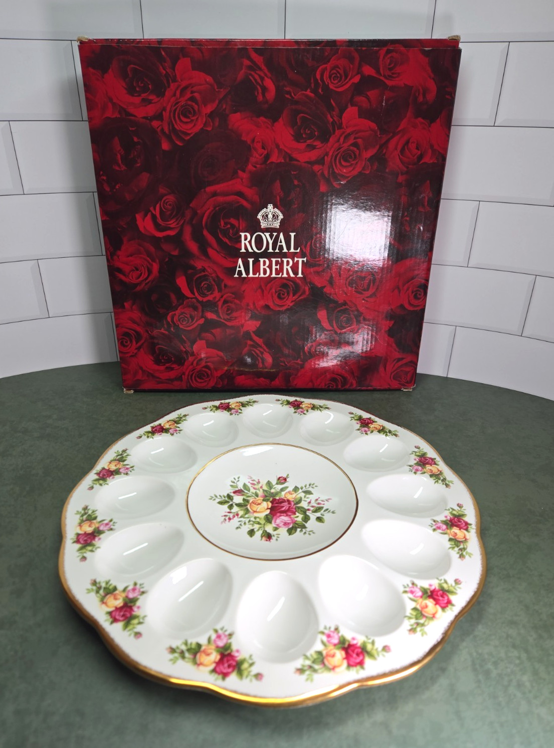 Vtg Royal Albert Old Country Roses 12 Deviled Egg Platter Tray Porcelain NIB 11\