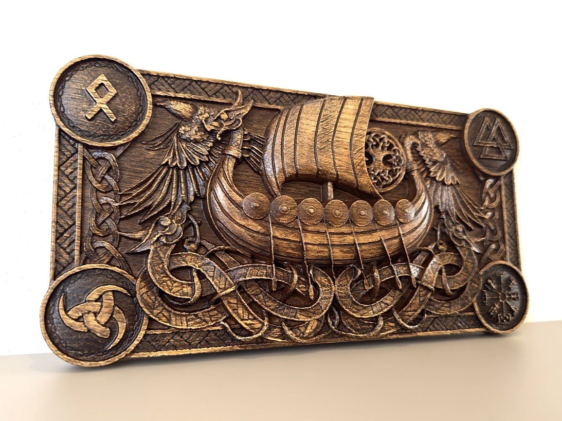 Viking Ship Wooden Wall Plaque – Norse Mythology Relief Scandinavian Decor Art