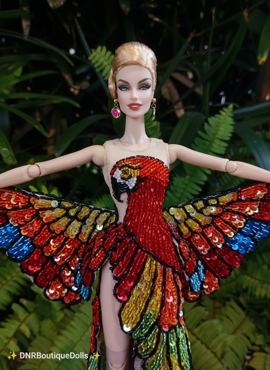Macaw Bird Beaded Dress, Exclusive Handmade, Fits Barbie FR Poppy Parker Nuface Macaw Bird Beaded Dress, Exclusive Handmade, Fits Barbie FR Poppy Parker Nuface
