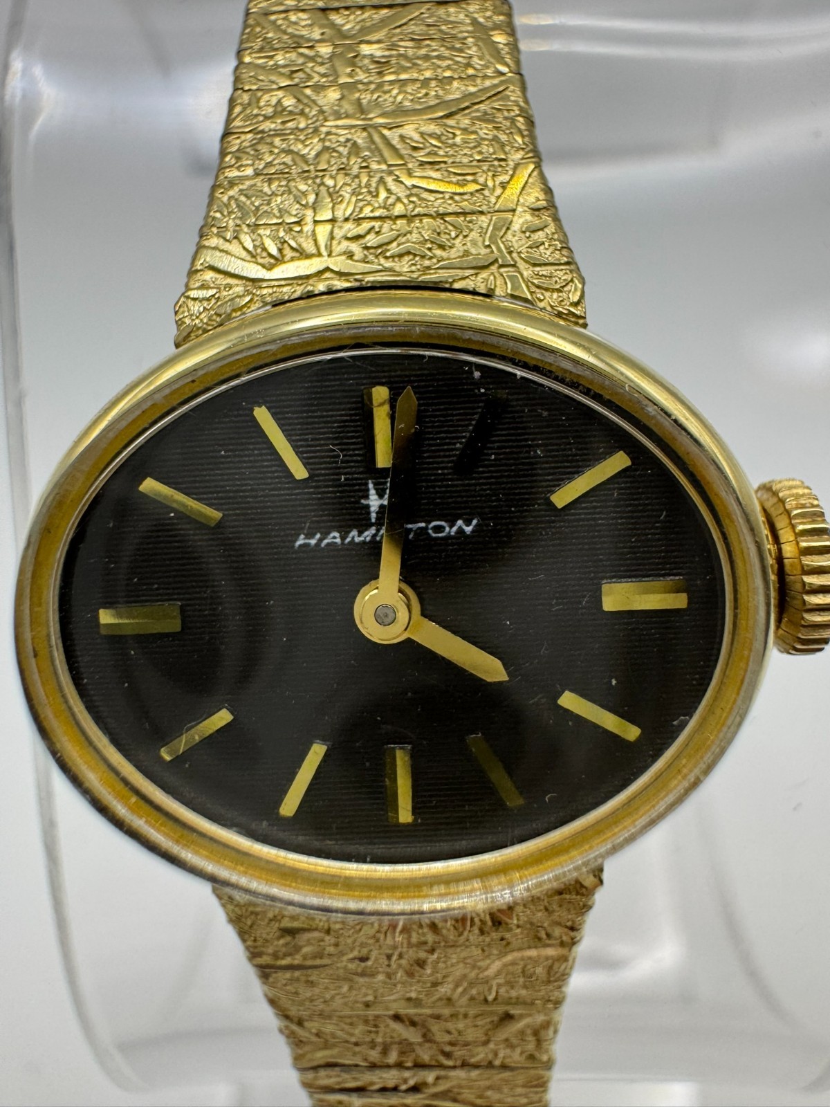 Vintage Hamilton 10k RGP Women\'s Mechanical Watch Black Dial Textured Bracelet