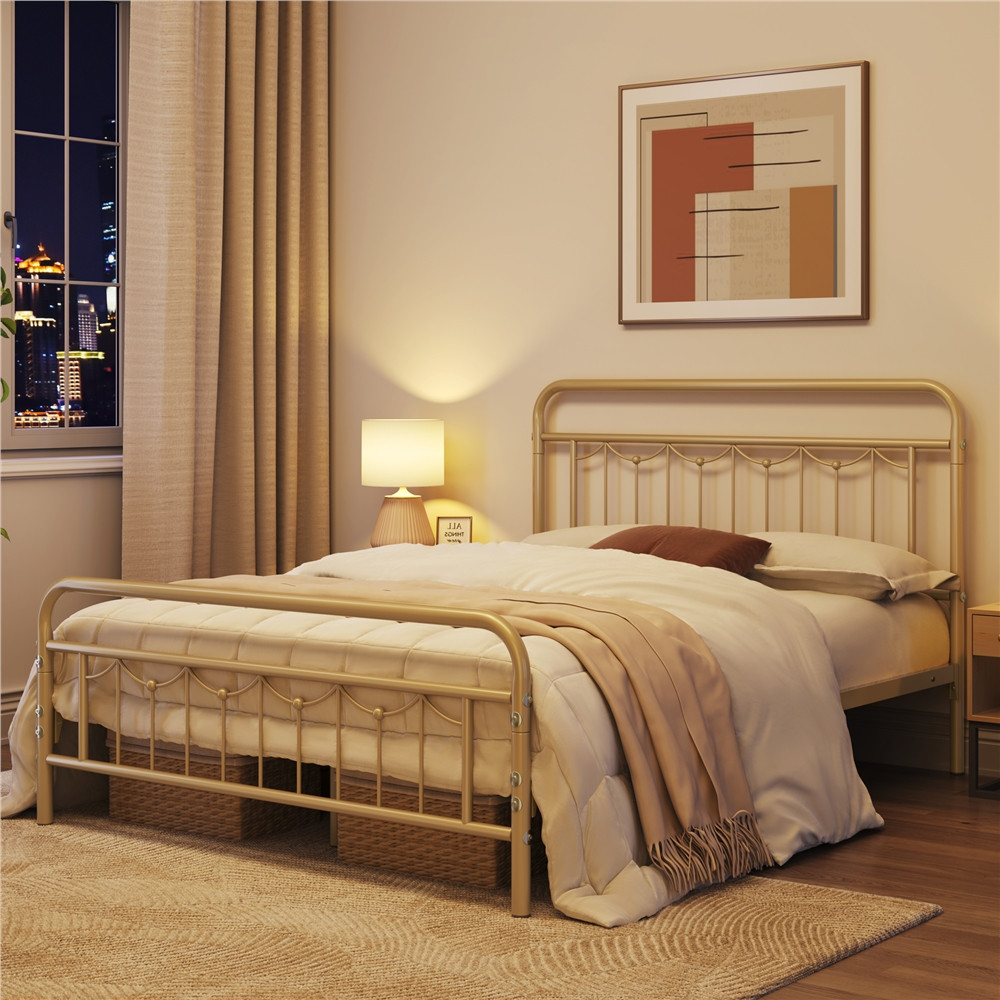 Full Modern Metal Platform Bed Antique Gold Steel 44\