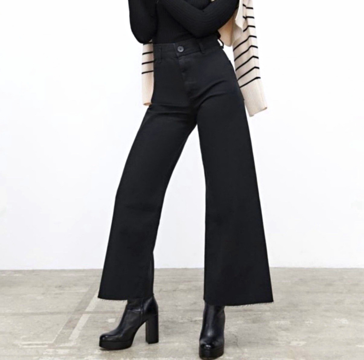 Zara Women’s Black High Rise Wide-Leg Denim Cotton Pants w/ Pockets