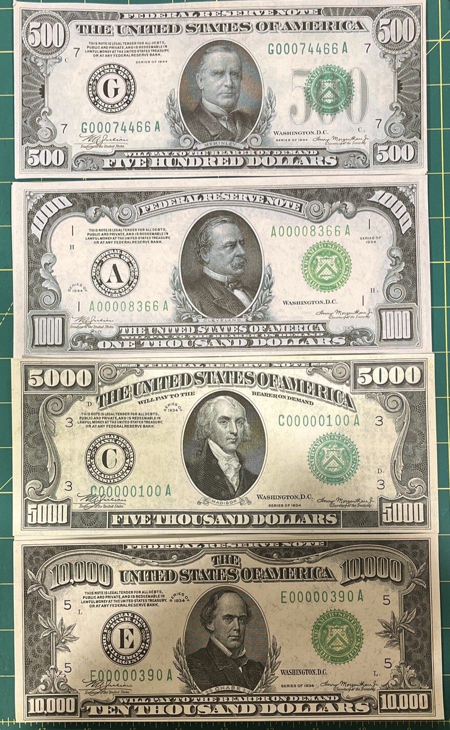 Reproduction Set 1934 Fed Reserve Notes $500 $1000 $5000 $10000 Copy See Below