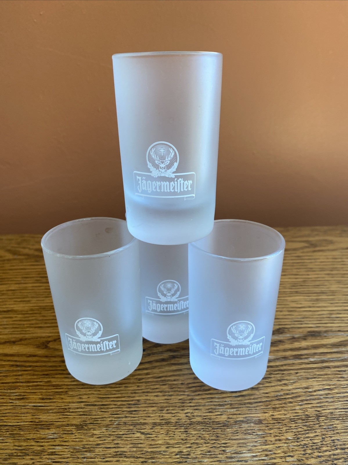 SET OF 4 Jagermeister Stag Logo Frosted 4cl Shooter Double Shot Glasses; 3-1/2