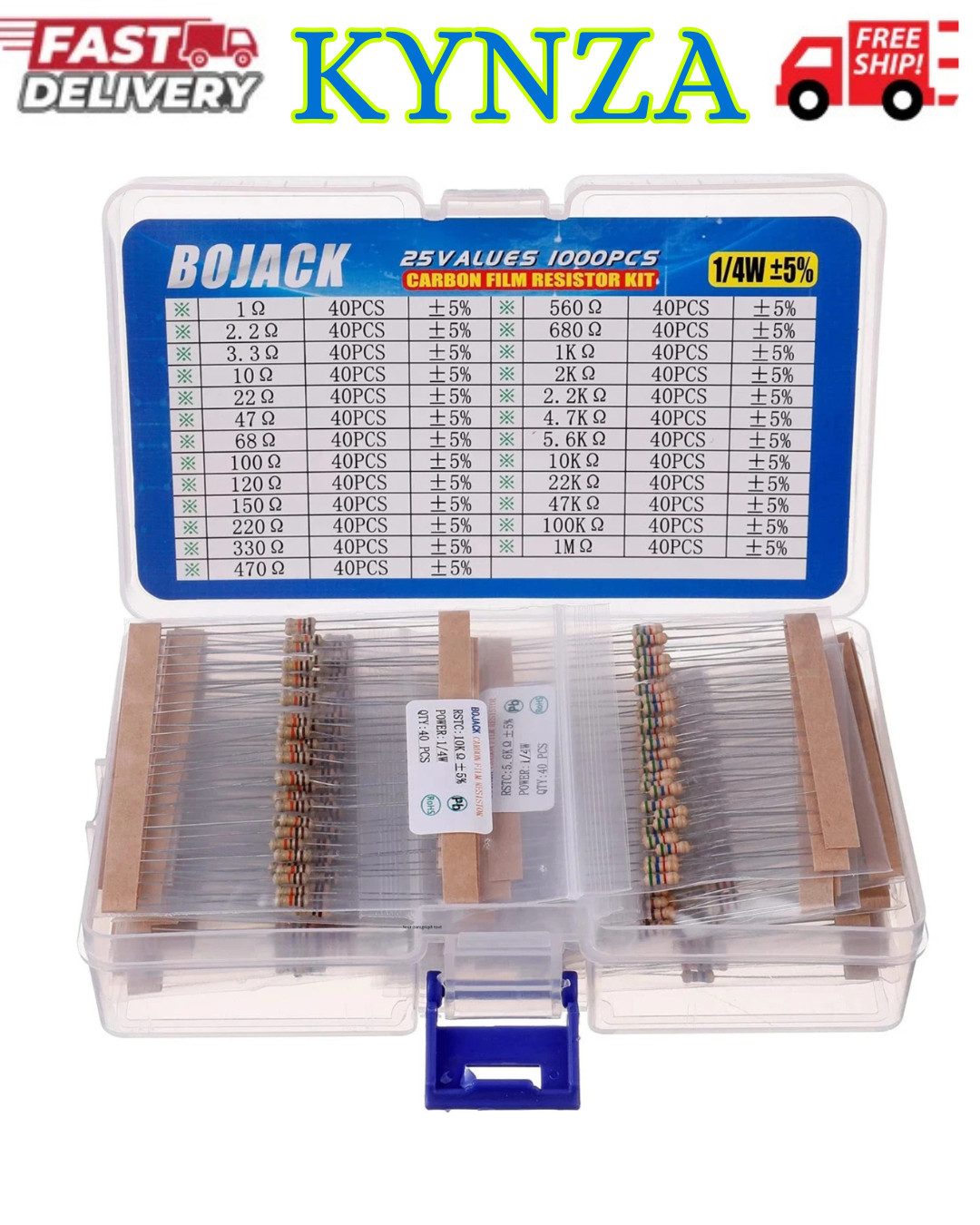 BOJACK 1000 Pcs 25 Values Resistor Kit 1 Ohm-1M Ohm with 5% 1/4W Carbon Film Res
