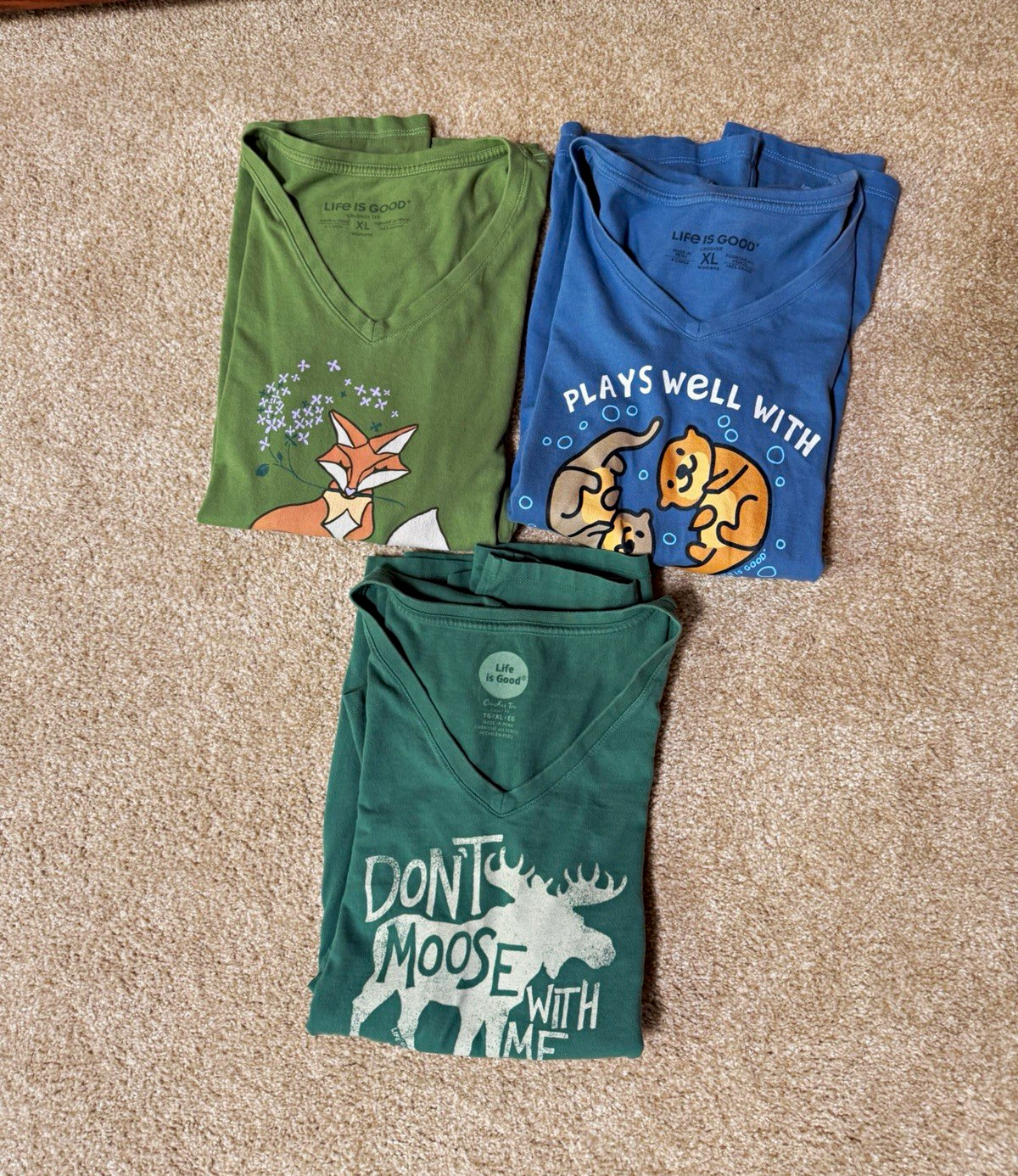 Life is Good Women’s XL Cotton Knit V-Neck Long Sleeve Animal Graphic Tee Lot 3
