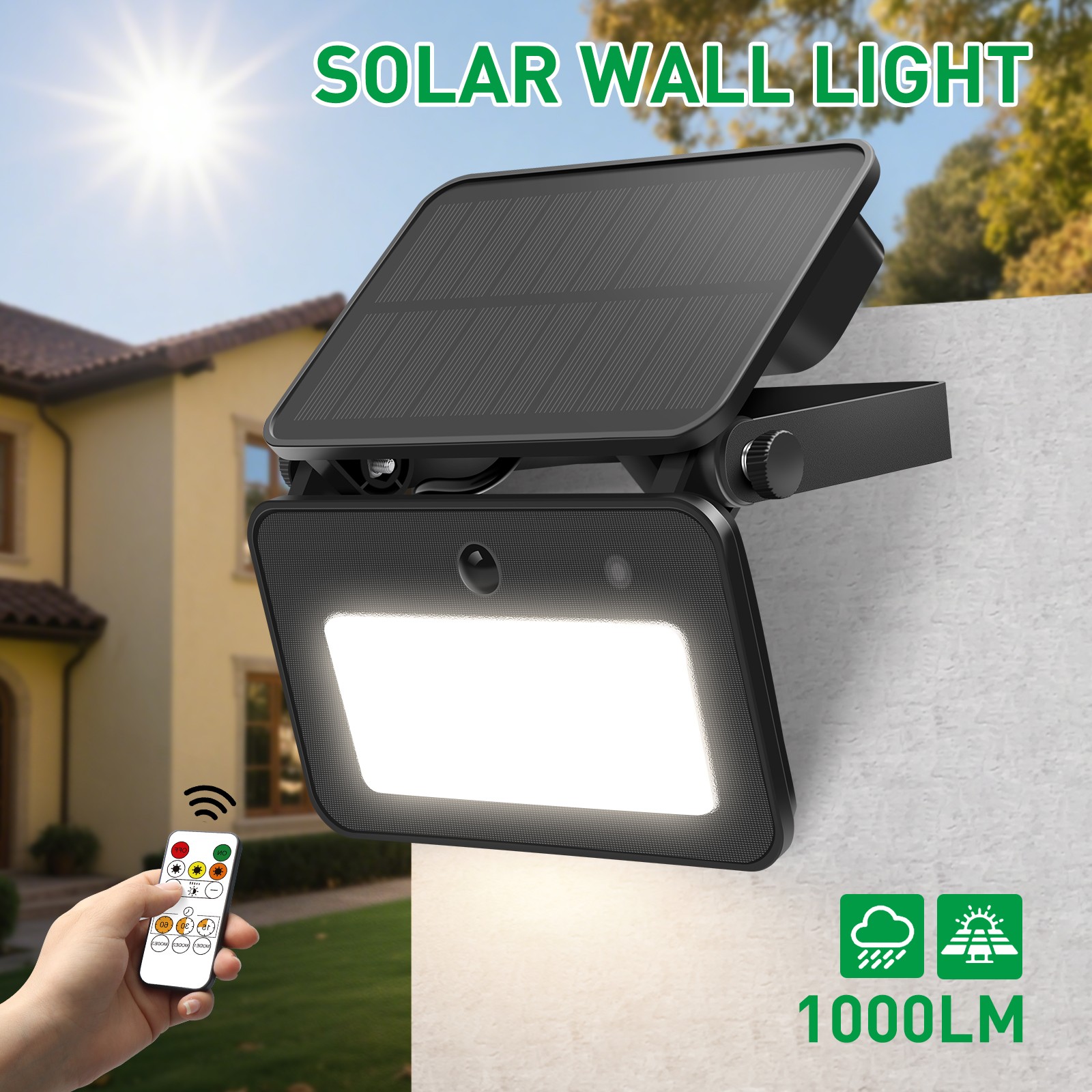 2PCS LED Solar Wall Lights PIR Motion Sensor Tri-color Outdoor Flood Lamp 1000LM