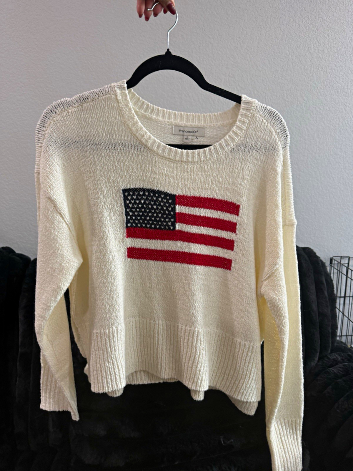 francesca\'s Women\'s Ivory Knit Flag Pullover Sweater Crew Neck Long Sleeve L