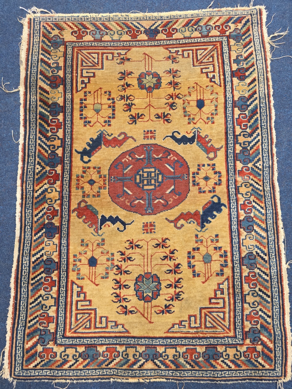Antique hand knotted Chinese  Tibetan wool rug 110cm x 78 cm