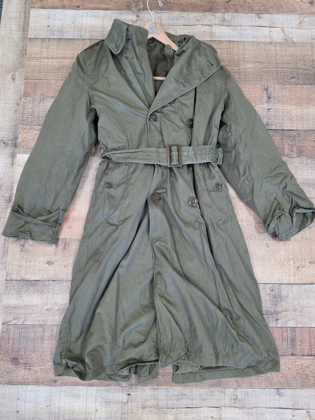 Vintage WWII M1950 Officers Trench Coat Olive Green Wool Lined Belted Sz S