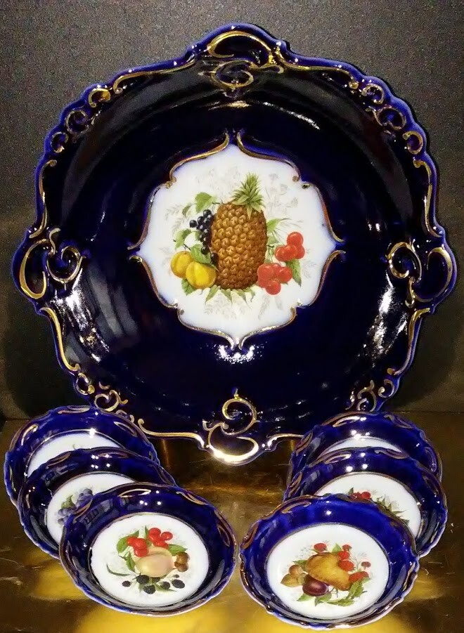 Bowl  and 7 Small Plates Set  Cobalt Blue  Porfin Cluj Napoca Hand Painted