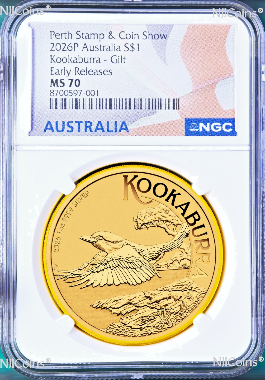2026 PERTH STAMP & COIN SHOW Kookaburra 1oz .9999 Silver $1 Gilt Coin MS70 ER