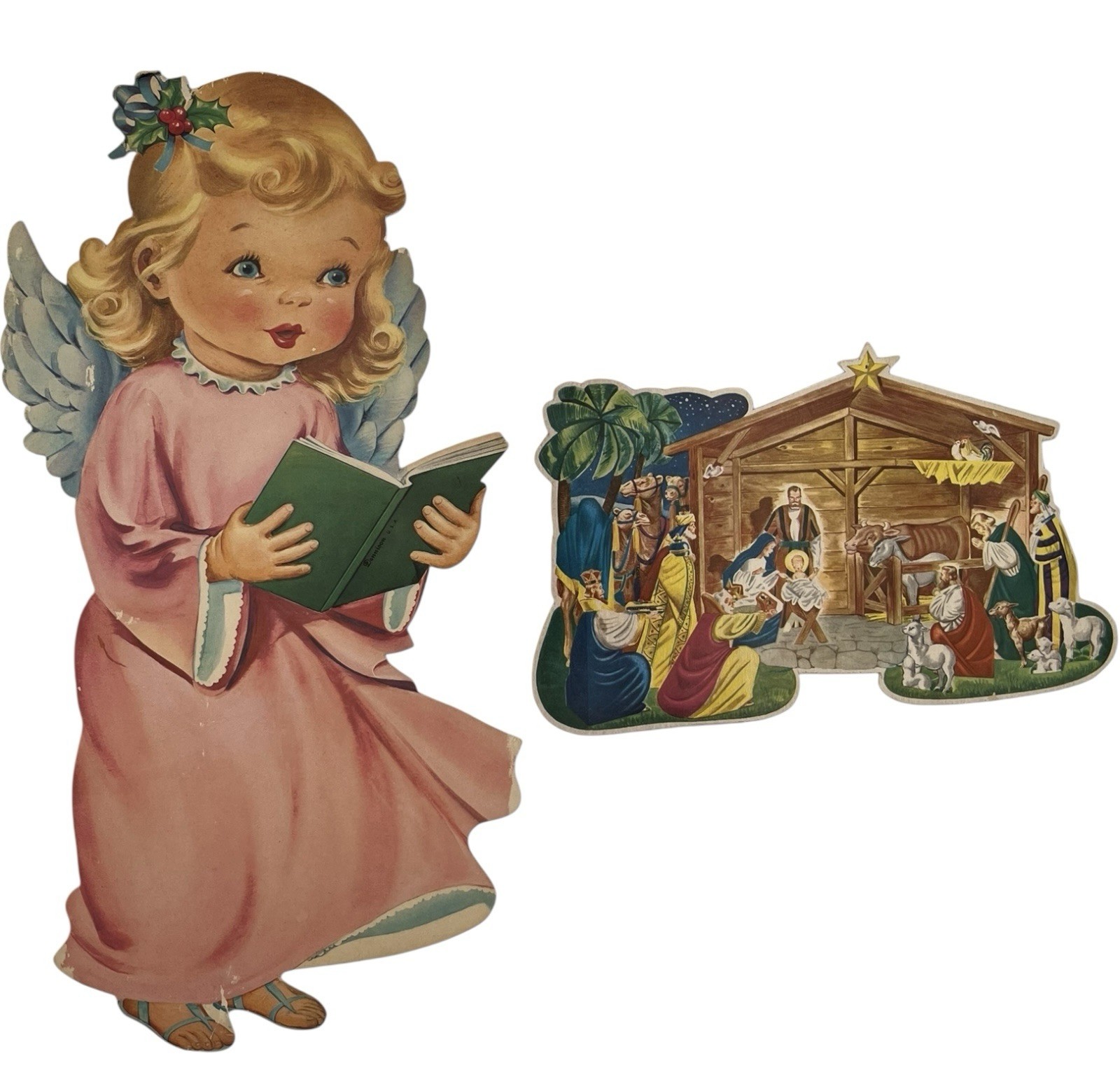 Large 15” Vintage Christmas Die Cut Paper Board Dennison Angel & Nativity Creche Large 15” Vintage Christmas Die Cut Paper Board Dennison Angel & Nativity Creche
