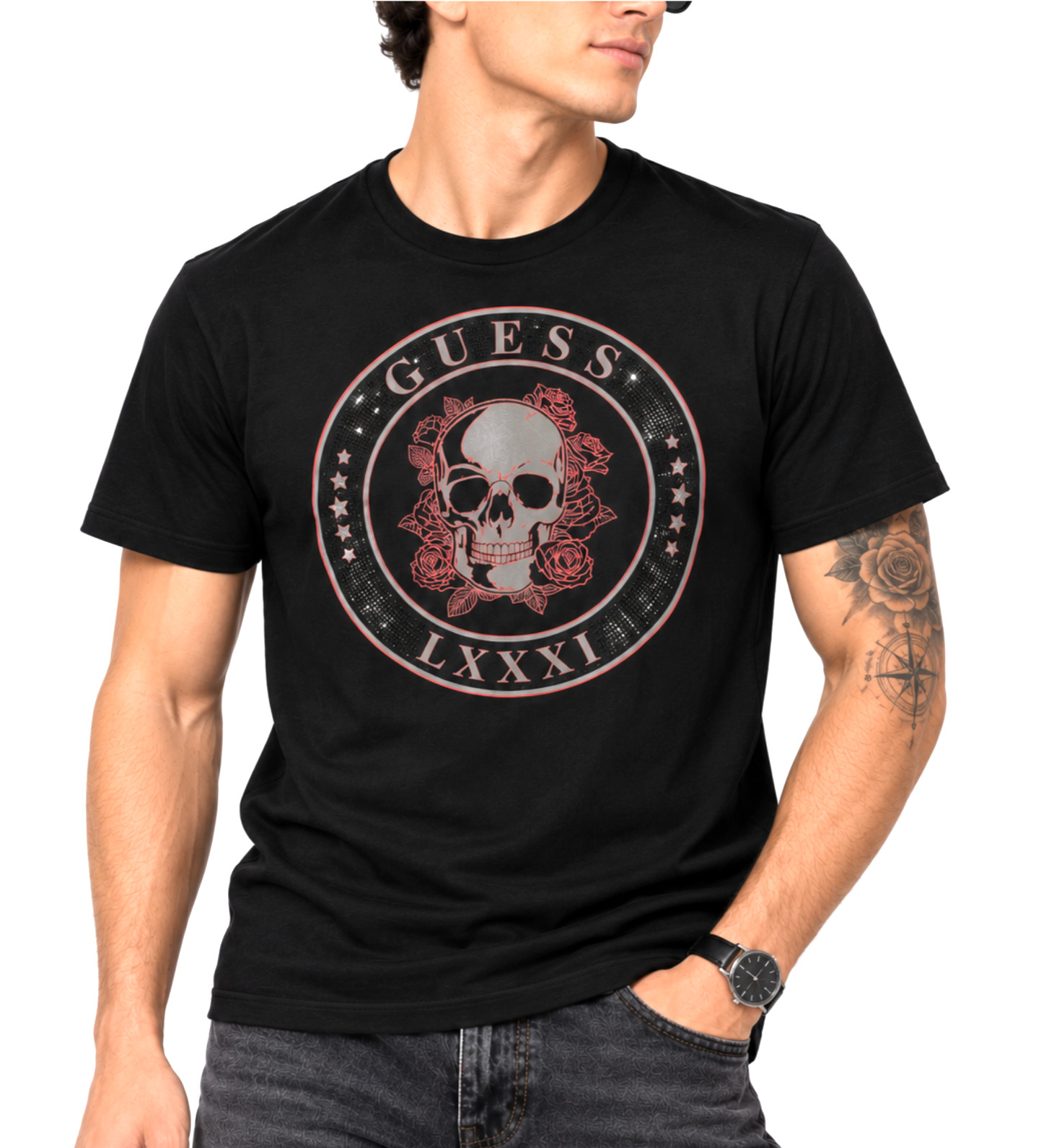GUESS Men\'s Small Black Graphic T-Shirt Skull Roses Rhinestone Embellished NWT