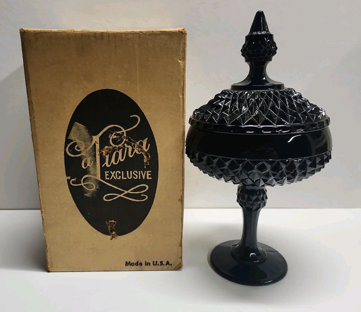 Vintage Tiara Exclusives Black Glass Diamond Point Covered Candy Dish Boxed Vtg
