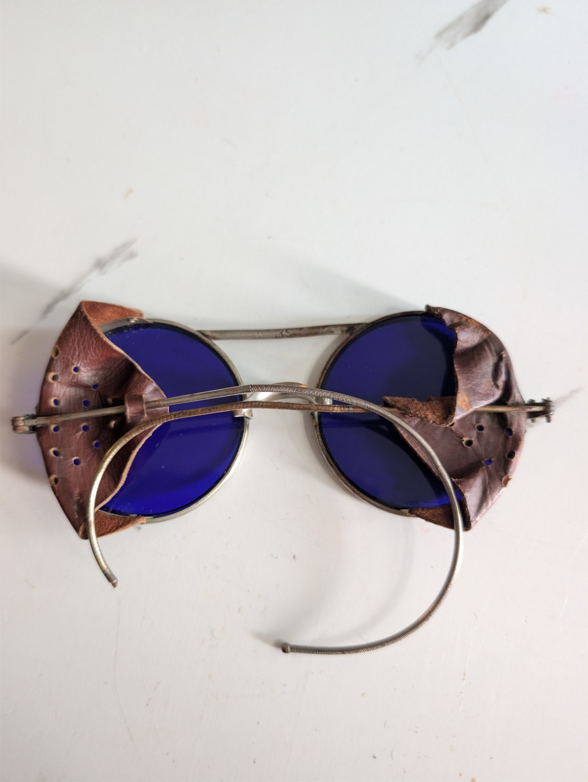 RARE 1910s Ford Motors Dockson Cobalt Blue Welders Goggles LEATHER STEAMPUNK 