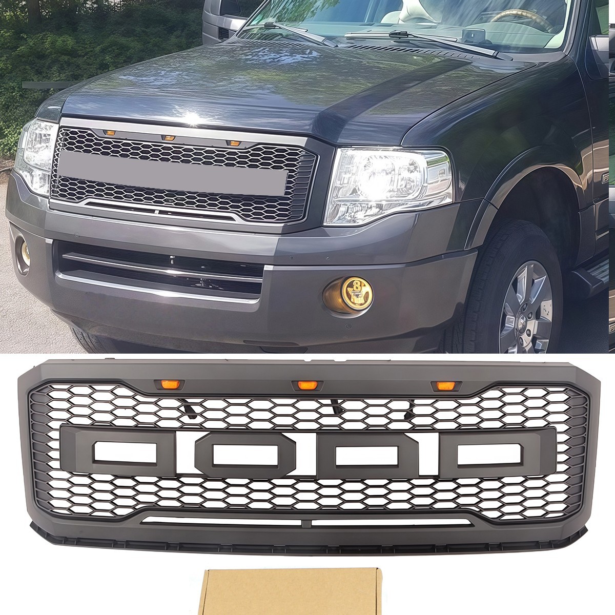 Black Front Grille Fit For Ford Expedition 2007-2014 Upper Grill With led lights