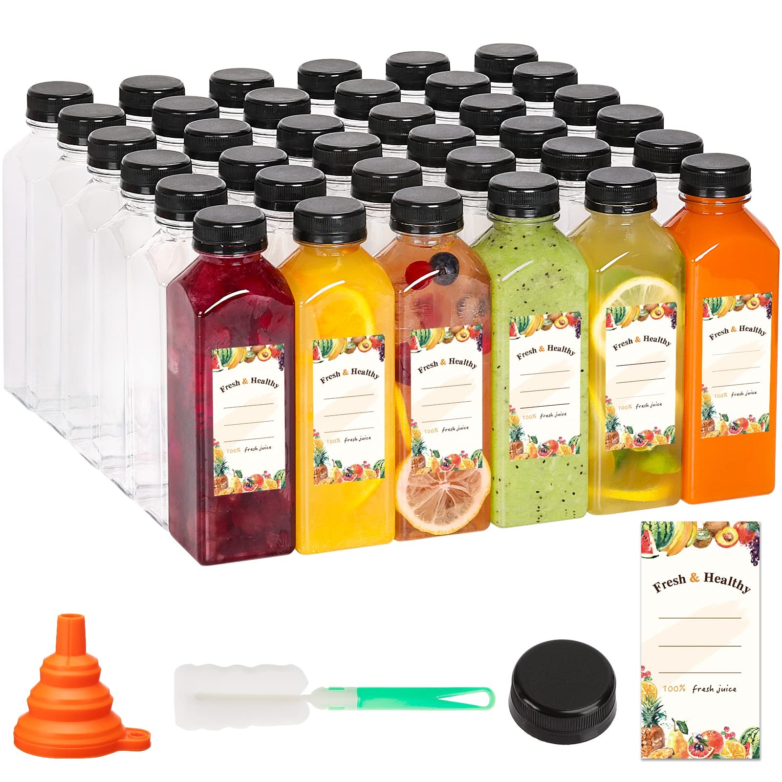 Moretoes 128pcs 16oz Plastic Juice Bottles with Caps, Bulk Clear 16oz, clear