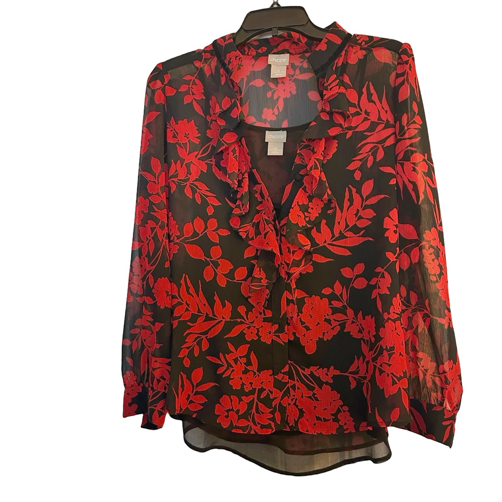 Chico\'s Red & Black Semi-Sheer Chic Blouse With Optional Attached Black Tank Top Chico\'s Red & Black Semi-Sheer Chic Blouse With Optional Attached Black Tank Top
