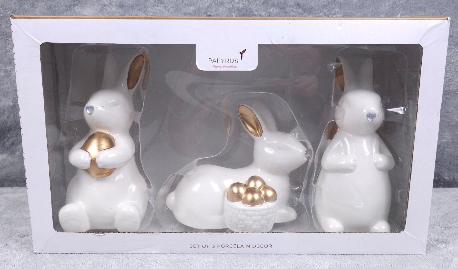 Papyrus Ceramic Easter Bunny Rabbits Porcelain Decor NEW Set of 3 White and Gold Papyrus Ceramic Easter Bunny Rabbits Porcelain Decor NEW Set of 3 White and Gold