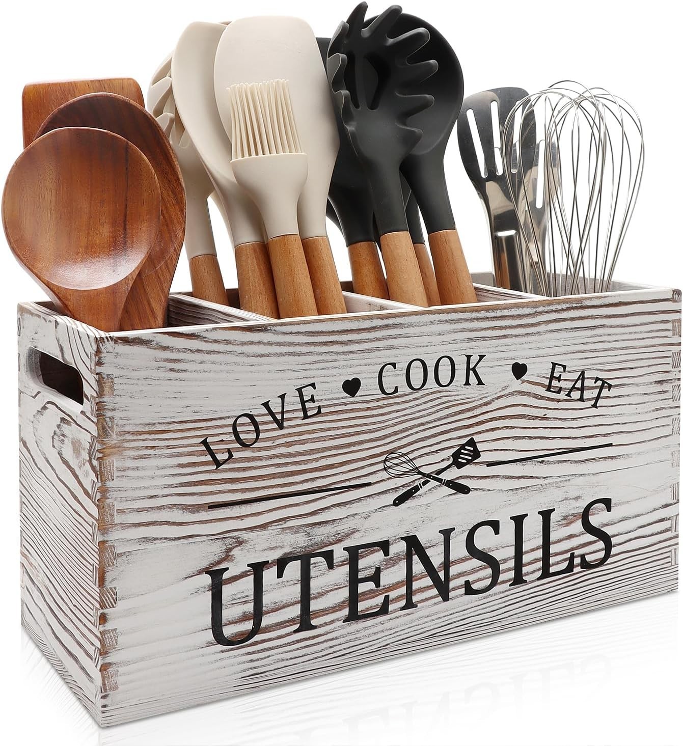 Rustic White Wooden Utensil Holder Extra Large Farmhouse Countertop Organizer XL