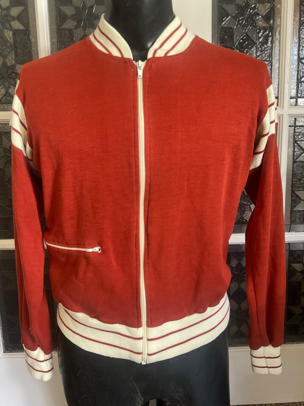 Vintage 1970s Burnt Orange / White Stripe Knit Zip Up Track Jacket Mens Sweater
