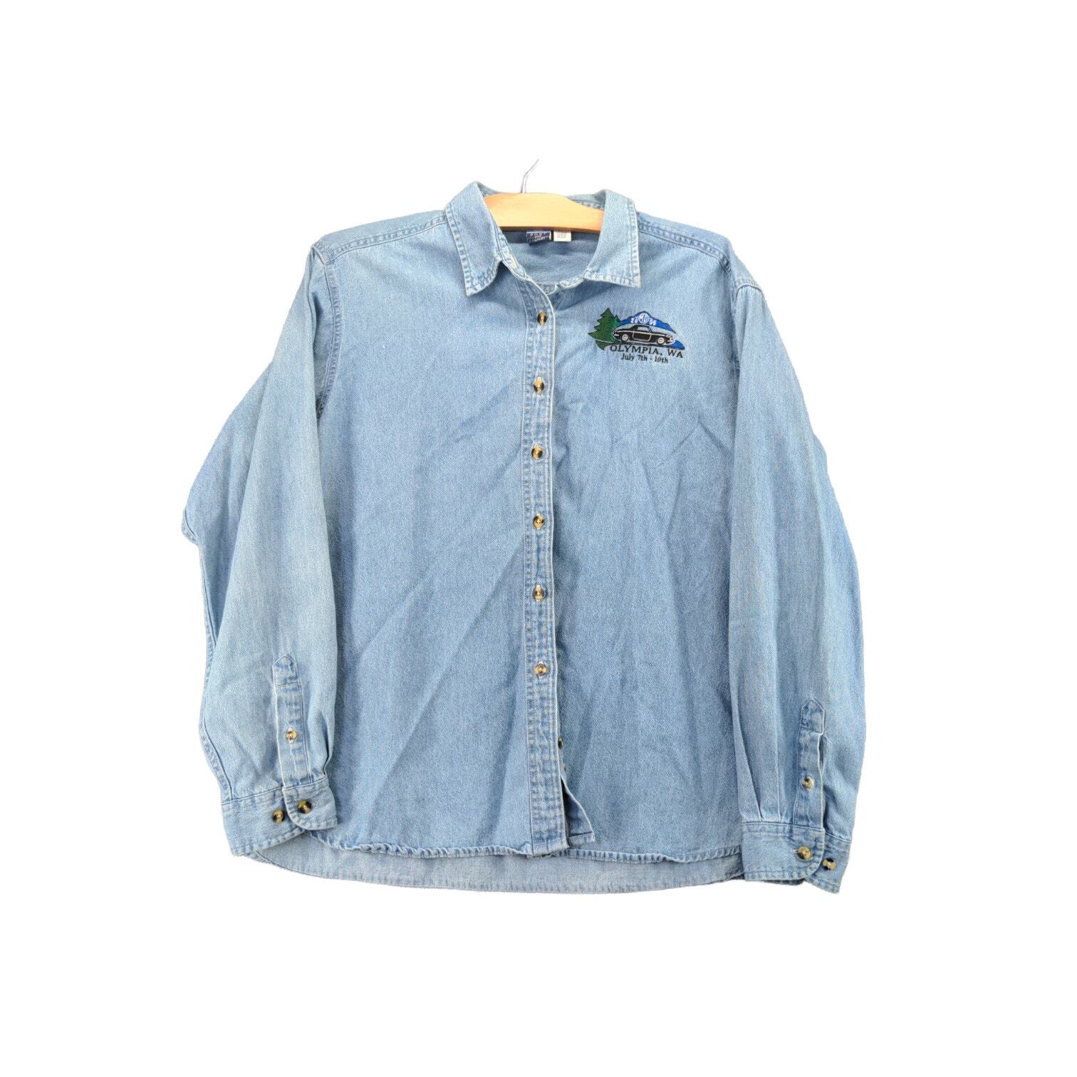 Vintage 2005 Womens Long Sleeve Denim Shirt Size XL Blue Olympia, WA Embroidered